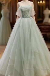Zoom Light Green Tulle Beaded Sweetheart Long Semi Formal Prom Dress, A-Line Green Formal Dress